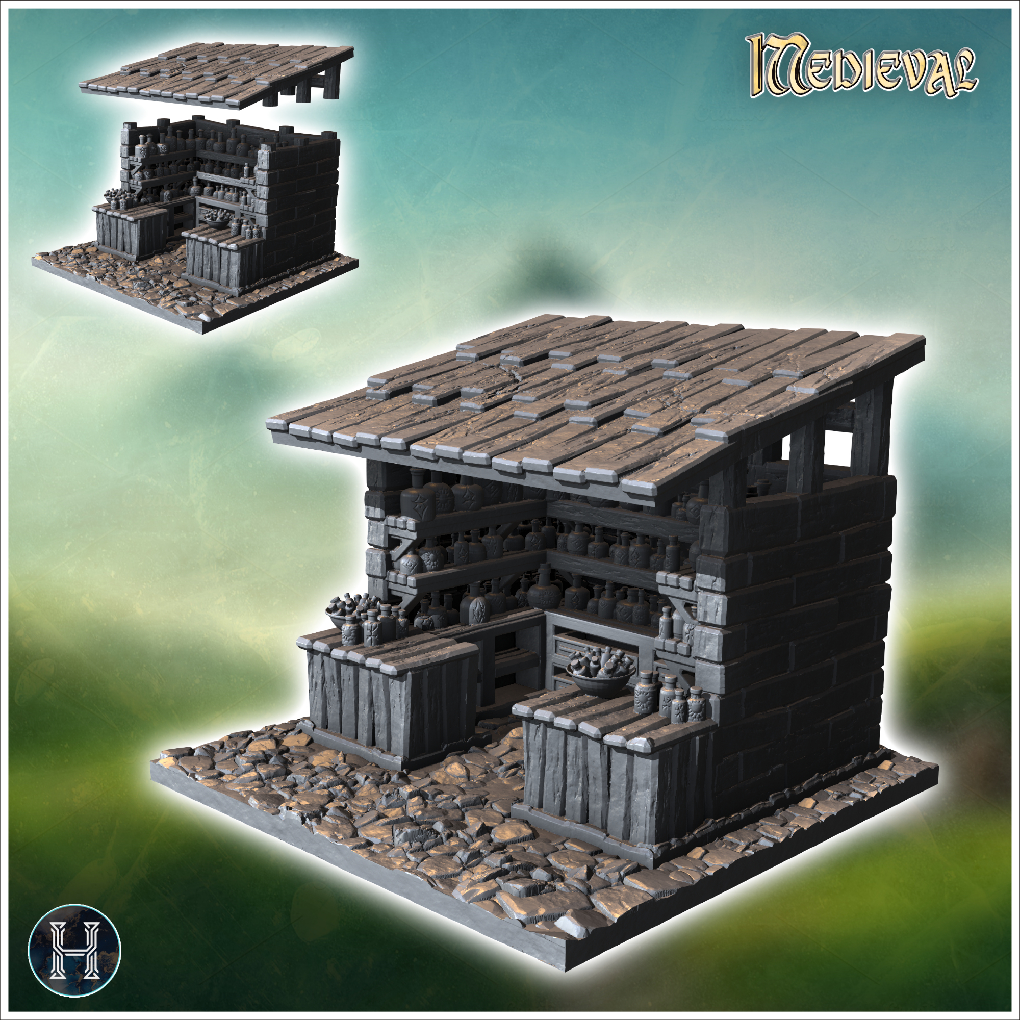 Small open market stall with shelves of pottery, a wooden roof, and cobblestone floor (12) - Medieval Gothic Feudal Old Archaic Saga 28mm 15mm RPG
